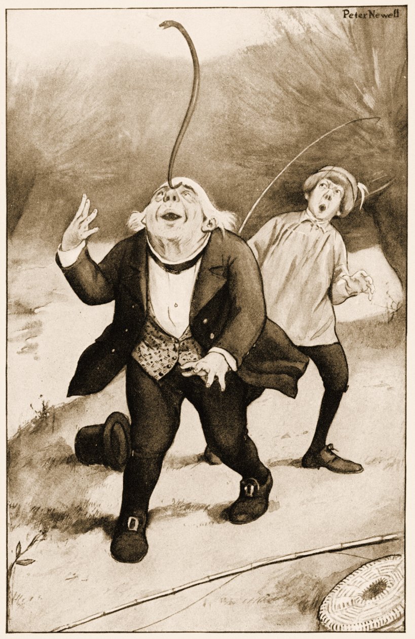 "Vanha isä William tasapainottaa ankeriaan nenän päässä", kuvitus Lewis Carrollin Liisa seikkailuista ihmemaassa, 1901 tekijältä Peter Newell
