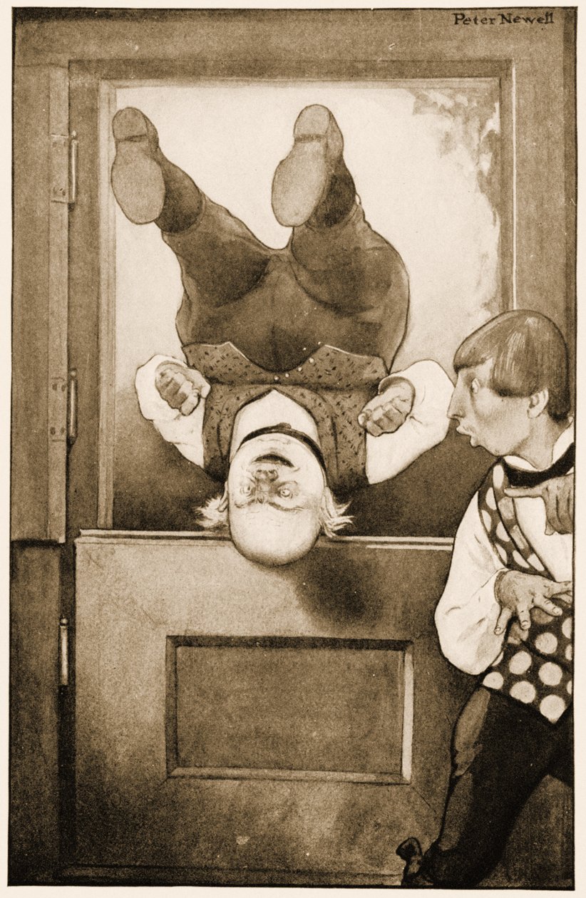 "Vanha isä William kääntää kuperkan sisään ovella", kuvitus Lewis Carrollin Liisa seikkailuista ihmemaassa, 1901 tekijältä Peter Newell