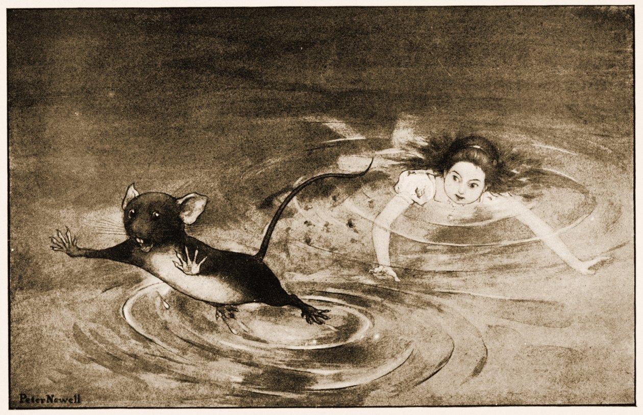 "Hiiri hyppäsi äkillisesti vedestä", kuvitus Lewis Carrollin Liisa seikkailuista ihmemaassa, 1901 tekijältä Peter Newell