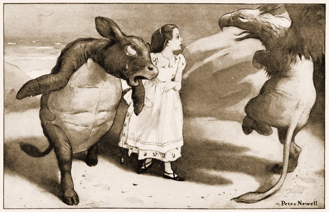 He alkoivat juhlallisesti tanssia ympäri ja ympäri Alicea, kuva Lewis Carrollin Alices Adventures in Wonderland, 1901. tekijältä Peter Newell