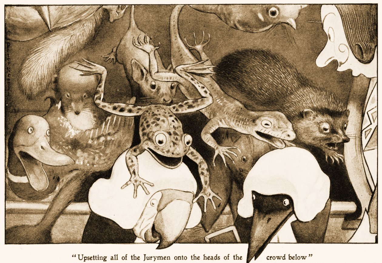 Kaikki tuomarit järkyttävät alla olevan väkijoukon päitä, kuvitus Lewis Carrollin Alices Adventures in Wonderland, 1901 tekijältä Peter Newell