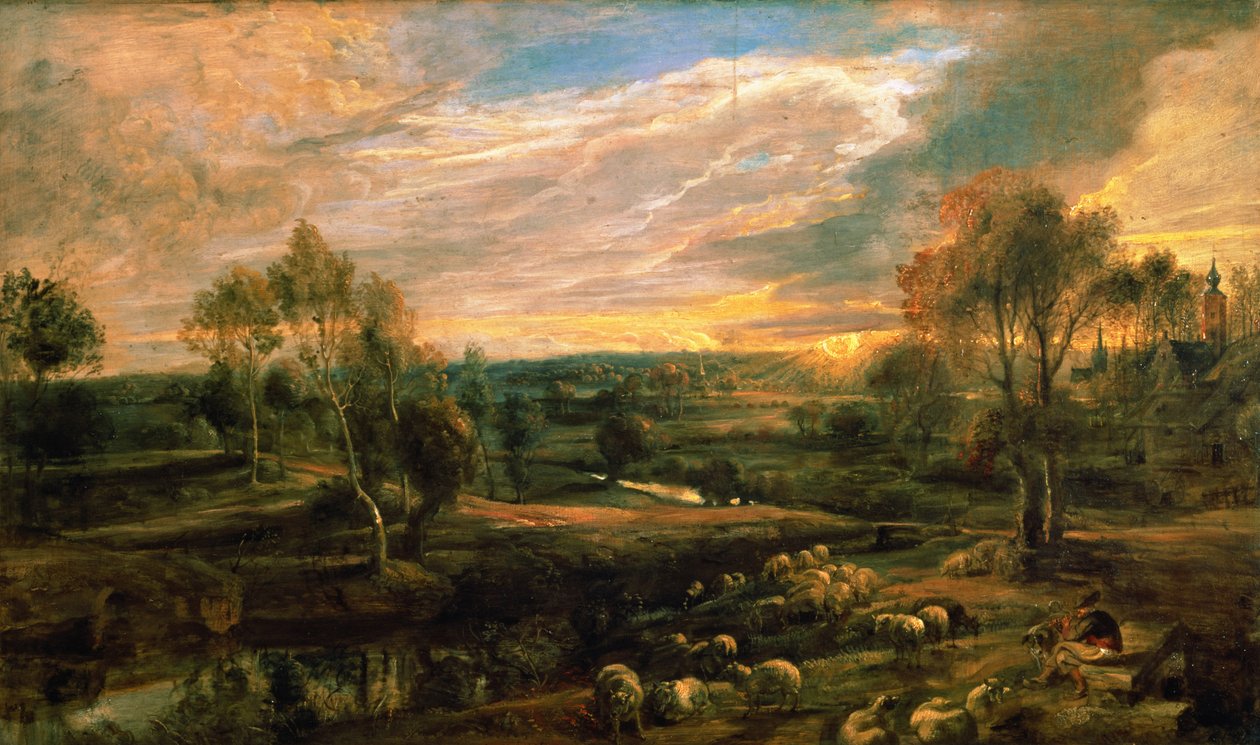 Maisema paimenen ja hänen laumaansa kanssa, n. 1638 (öljy tammella) tekijältä Peter Paul Rubens