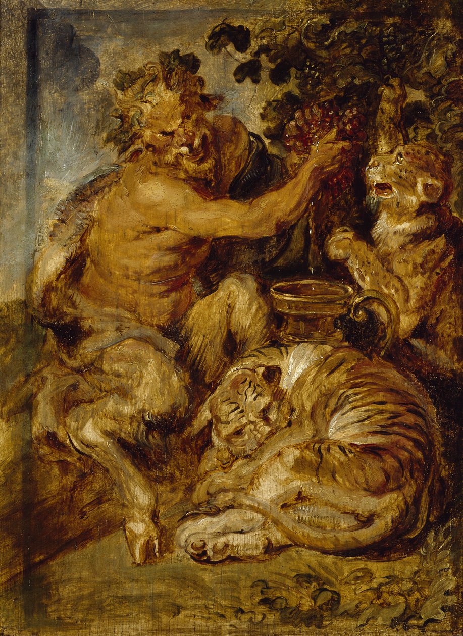 Satyr puristaa viinirypäleitä tiikerin ja leopardin kanssa, n. 1618 tekijältä Peter Paul Rubens