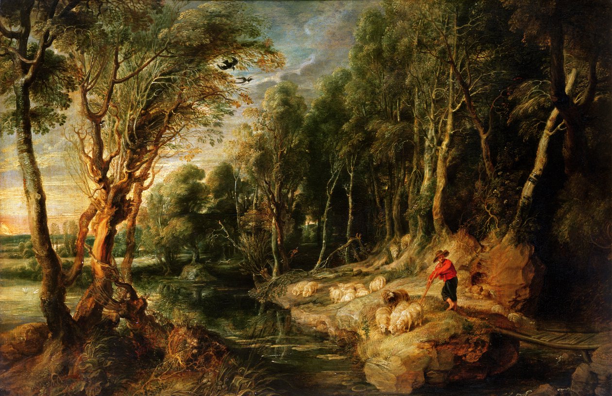 Paimen laumansa kanssa metsäisessä maisemassa, noin 1615-22 (öljy tammelle). tekijältä Peter Paul Rubens