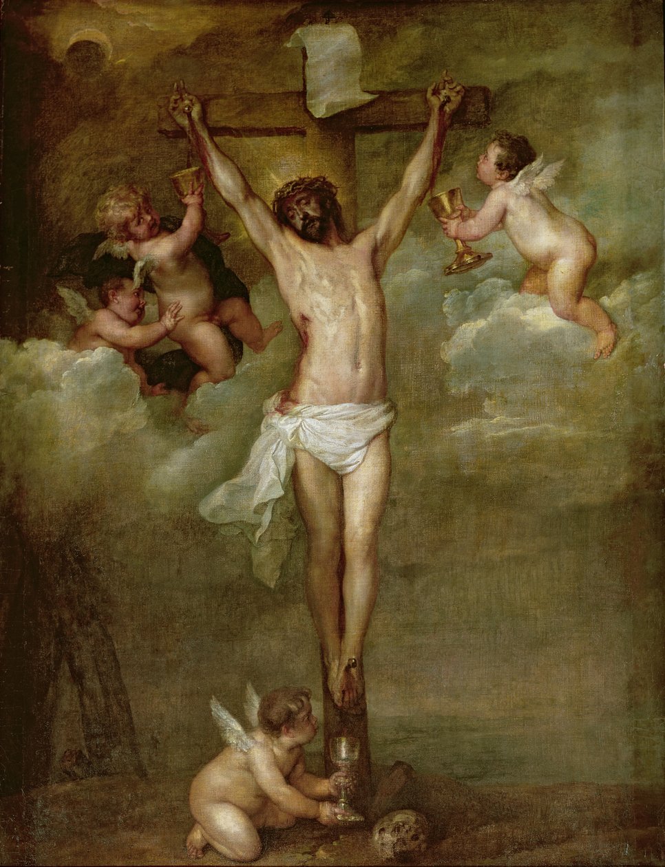 Kristuksen seurassa enkelit pitelevät maljaa tekijältä Peter Paul Rubens