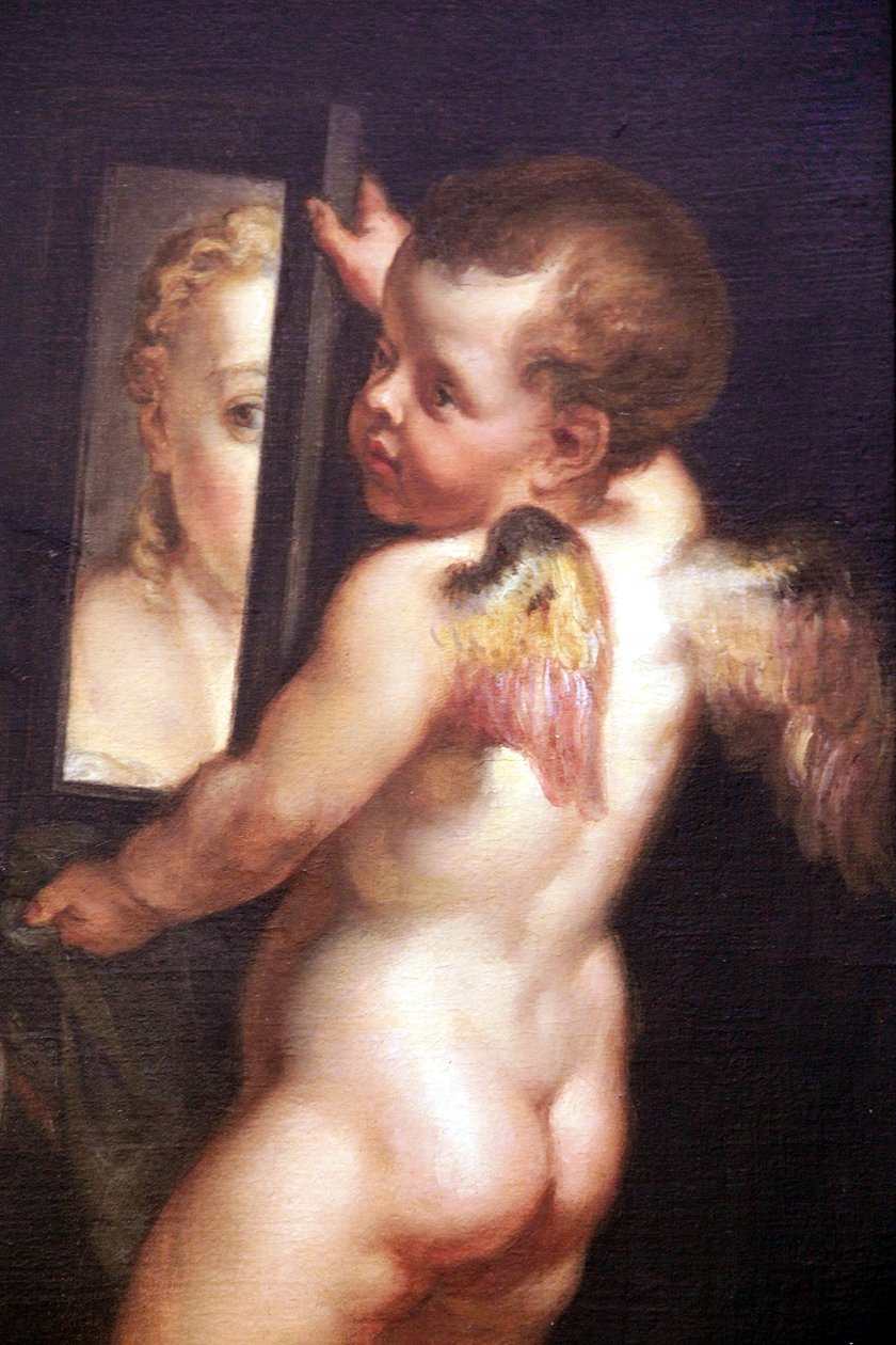 Amor, jolla on peili, yksityiskohta öljystä kankaalle Venus ja Cupid, jolla on peili tekijältä Peter Paul Rubens