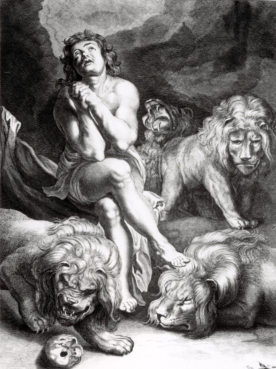 Daniel leijonien luolassa, kaiverrus Abraham Blooteling (1640-90) tekijältä Peter Paul Rubens