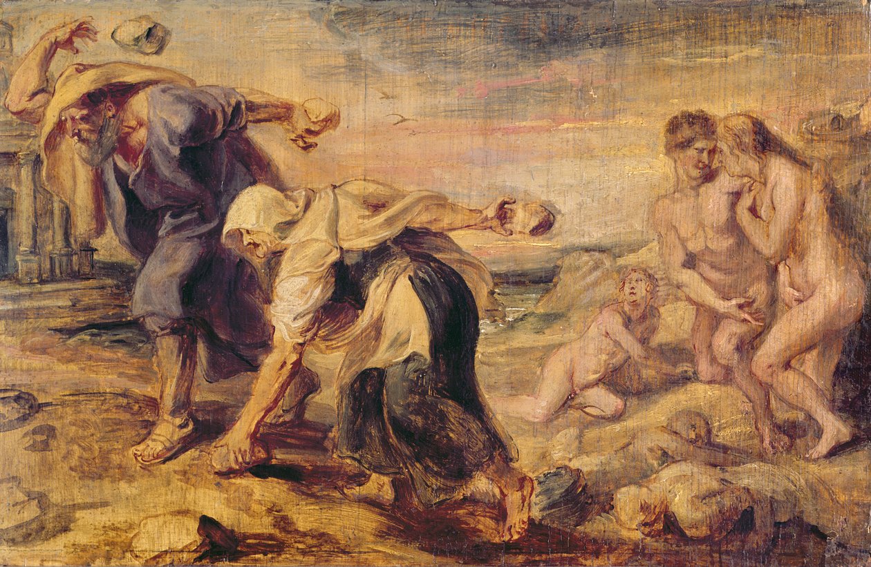 Deucalion ja Pyrrha valloittavat maailman heittämällä kiviä taakseen, n. 1636 tekijältä Peter Paul Rubens