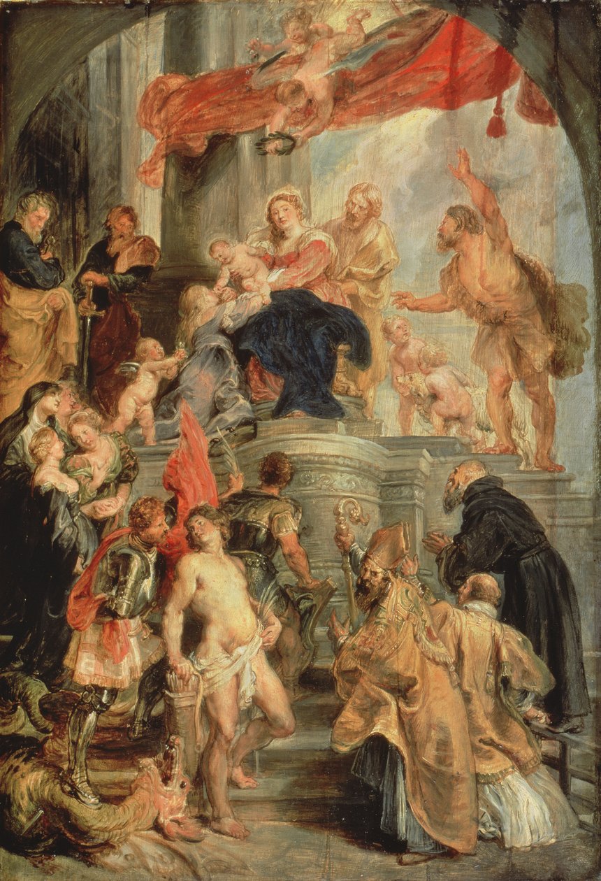 Pyhimysten ympäröimä Madonna lapsen kanssa, noin 1627-28. tekijältä Peter Paul Rubens