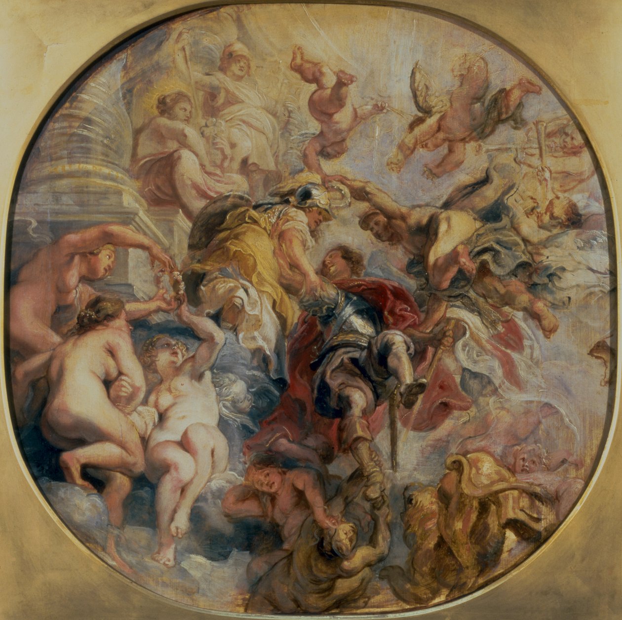 Minerva ja Mercury johdattavat Buckinghamin herttua (1592-1628) hyveen temppeliin ennen vuotta 1625 tekijältä Peter Paul Rubens