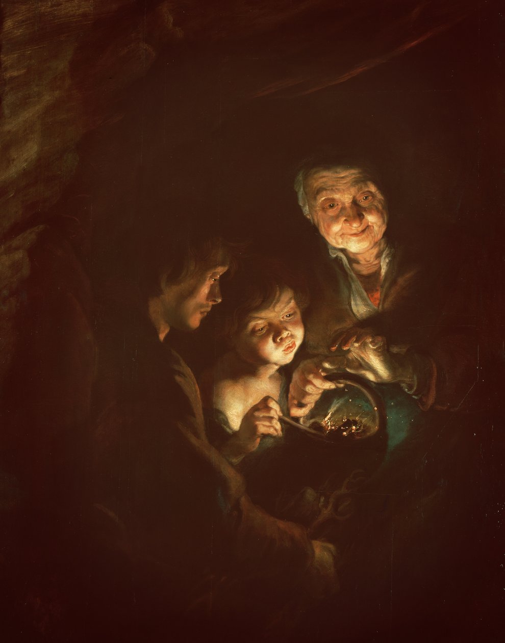 Vanha nainen, jolla on uuni, n. 1616-20 (öljy puulle) tekijältä Peter Paul Rubens