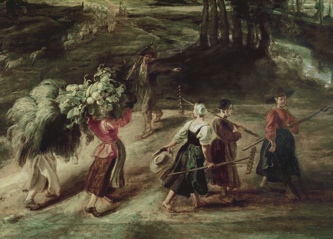 Pelloilta palaavat talonpojat, etualalla yksityiskohta talonpoikaisten ryhmästä, n. 1632-34 öljy paneelille tekijältä Peter Paul Rubens