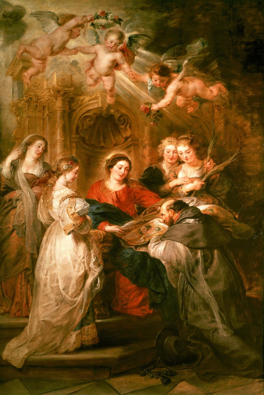 Pyhän Ildefonson alttaritaulu, keskipaneeli, joka kuvaa Neitsyt Mariaa esittämässä Pyhälle Ildefonsolle liturgista viittaa, n. 1630-32 tekijältä Peter Paul Rubens