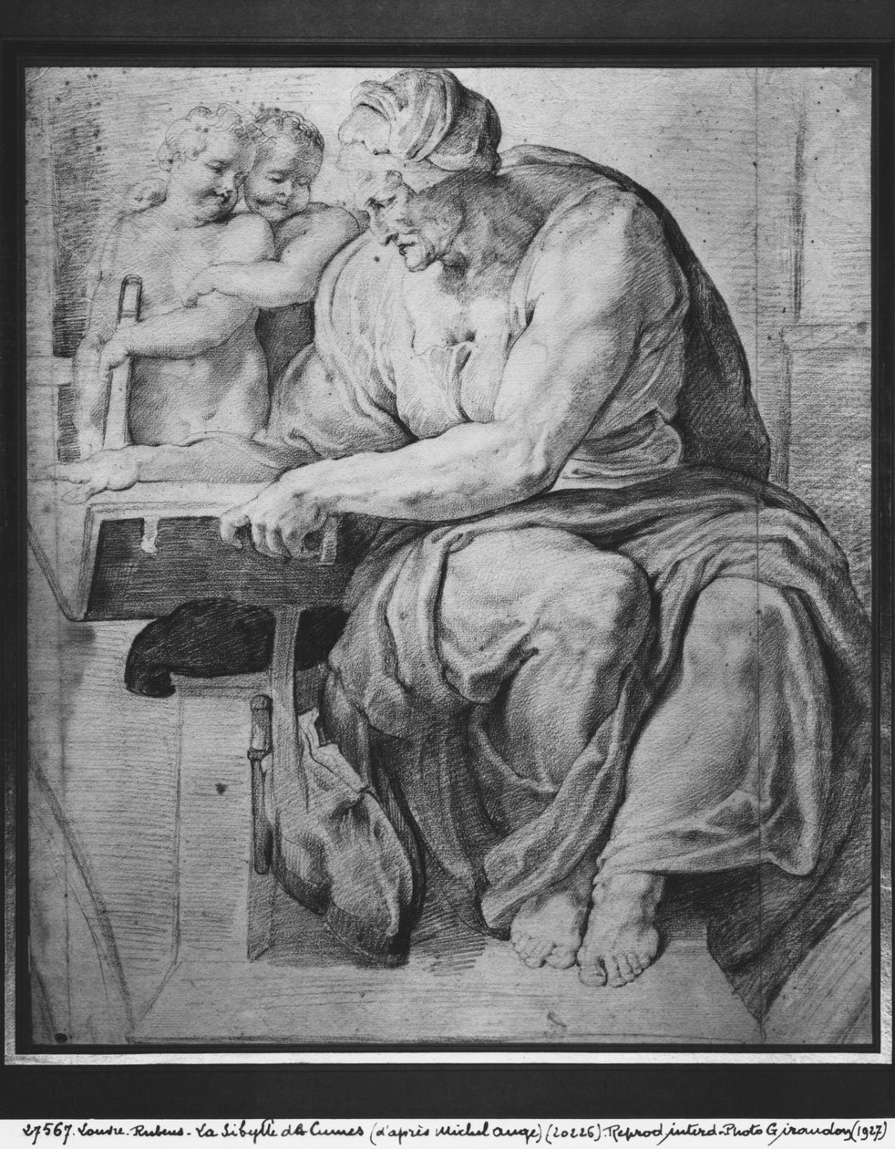 Kumalainen sibyla Michelangelo Buonarrotin (1475-1564) mukaan (pierre noire ja punainen liitu paperille) tekijältä Peter Paul Rubens