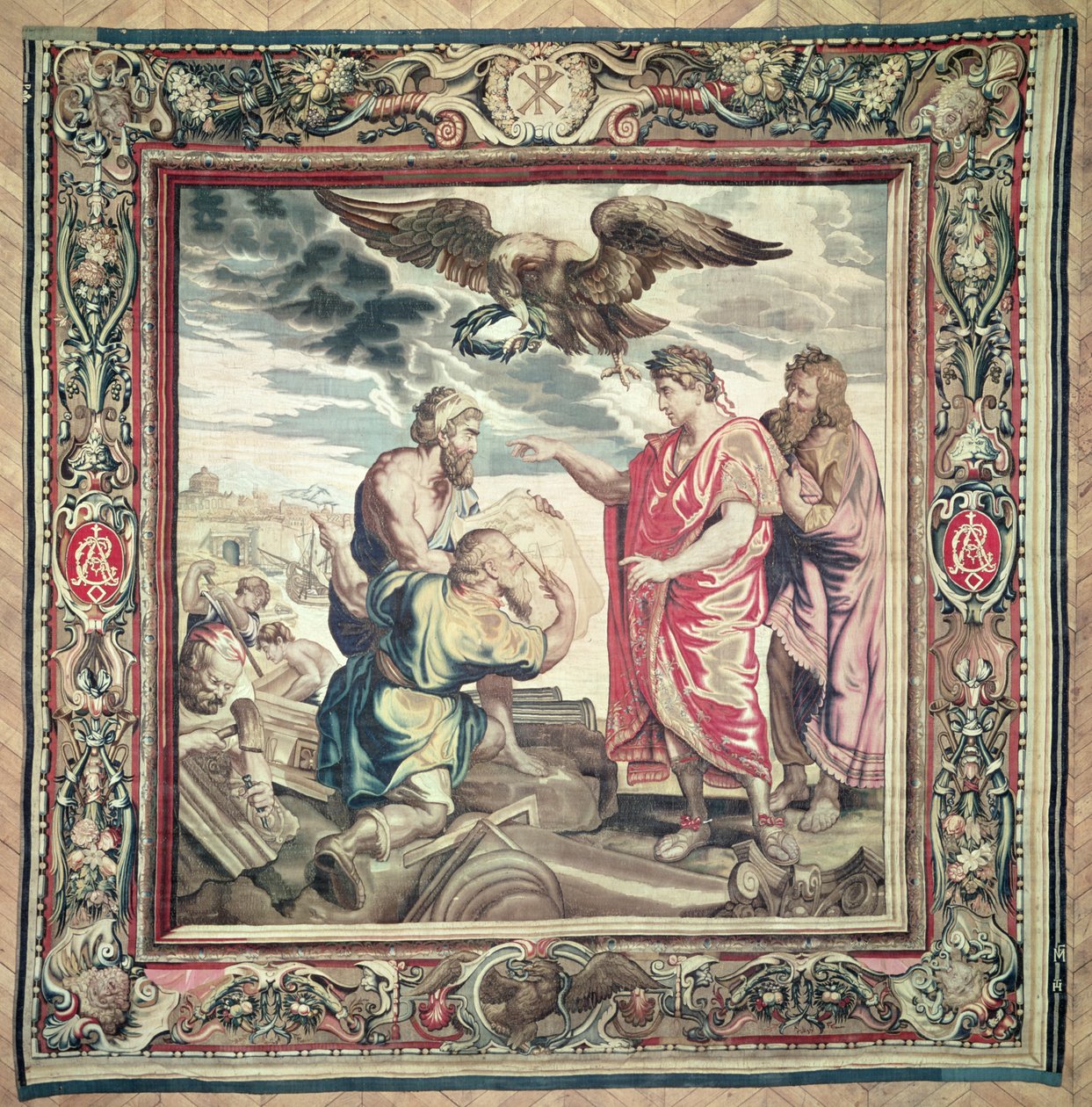 Konstantinopolin perustaminen, keisari Konstantinuksen historia -sarjasta, Philippe Maecht ja Hans Taye, Ateliers du Faubourg Saint-Marcel, ennen vuotta 1663 (villa- ja silkkikudos) tekijältä Peter Paul Rubens