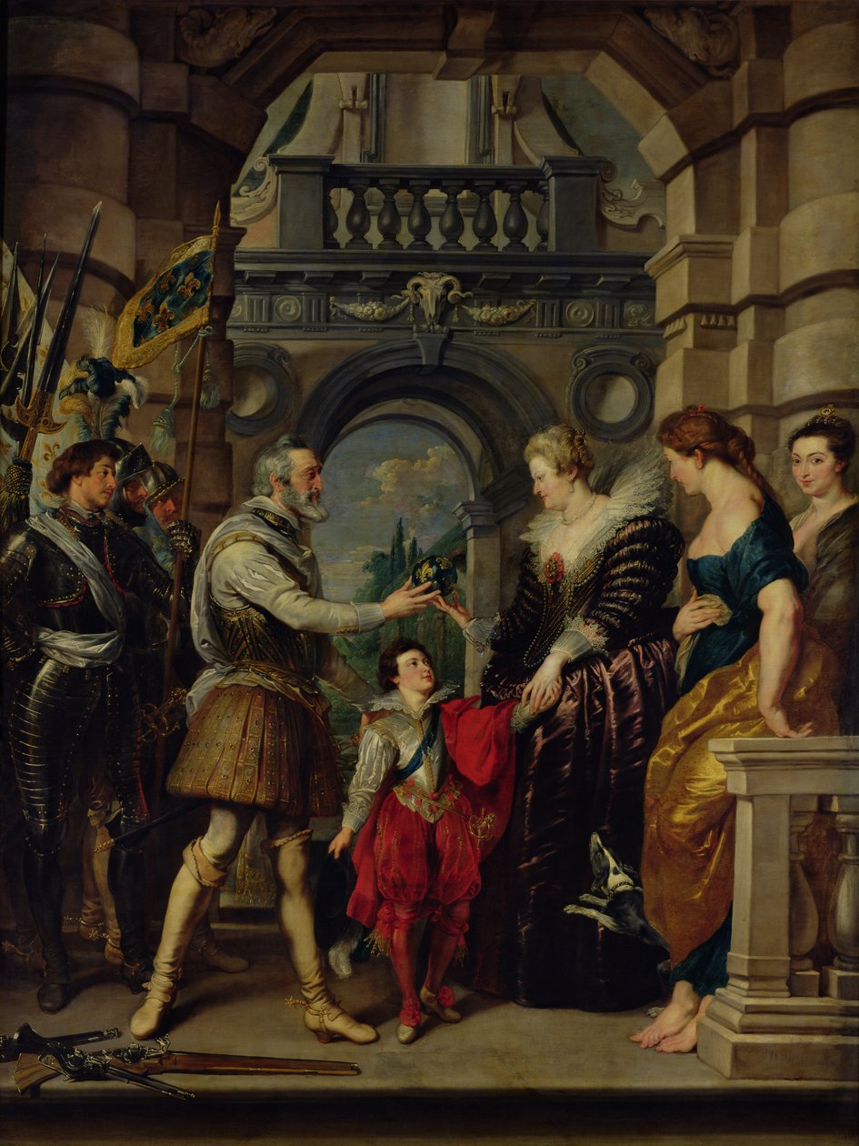 Medici-sykli: Henri IV (1553-1610) lähtee sotaan Saksaan ja lahjoittaa valtakuntansa hallituksen Marie de Medicille (1573-1642) 20. maaliskuuta 1610, 1621-25 tekijältä Peter Paul Rubens