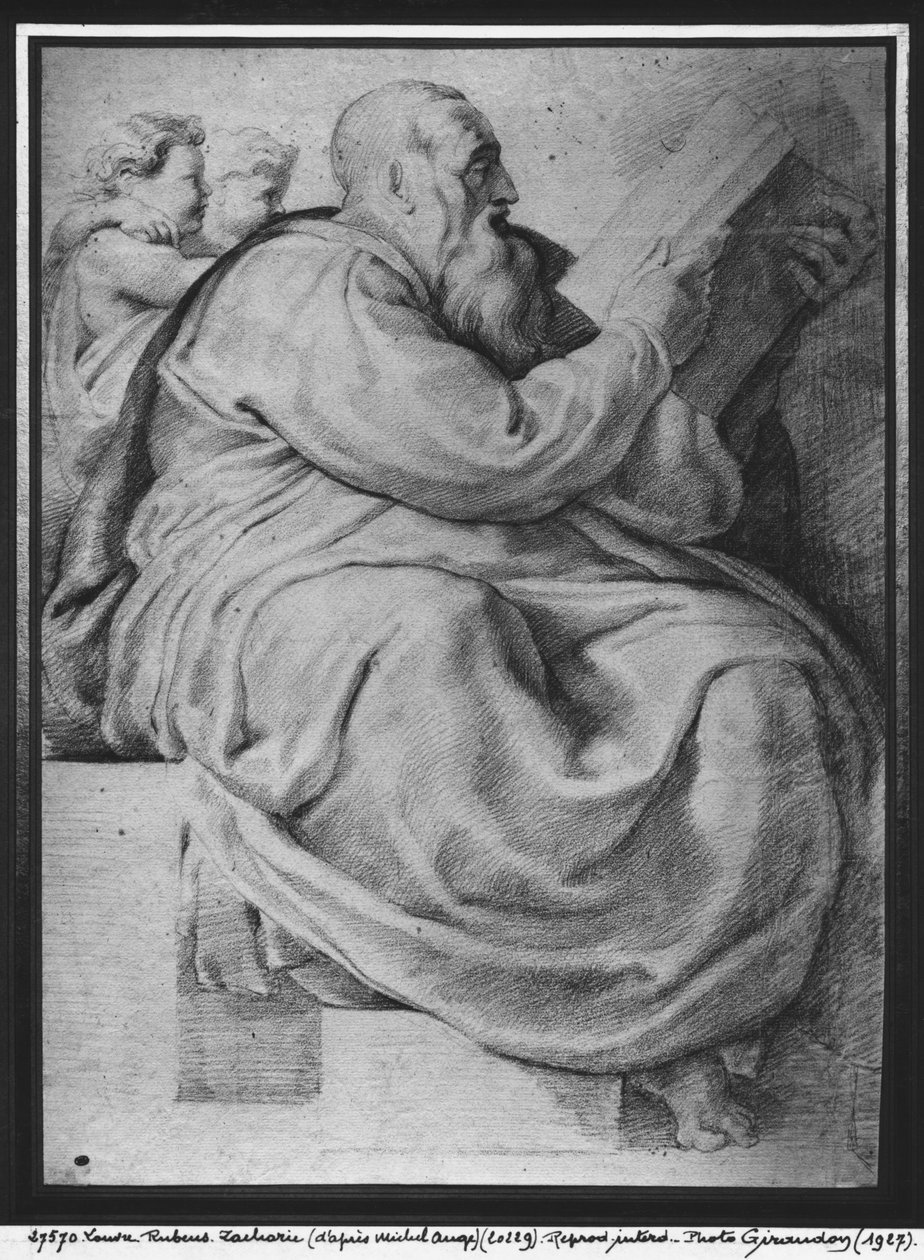 Profeetta Zacharias Michelangelo Buonarrotin (1475-1564) mukaan (pierre noire ja punainen liitu paperille) tekijältä Peter Paul Rubens