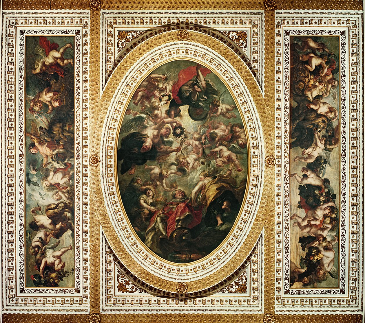 Whitehall Ceiling: James I:n apoteoosi (1566-1625) 1632-34 tekijältä Peter Paul Rubens