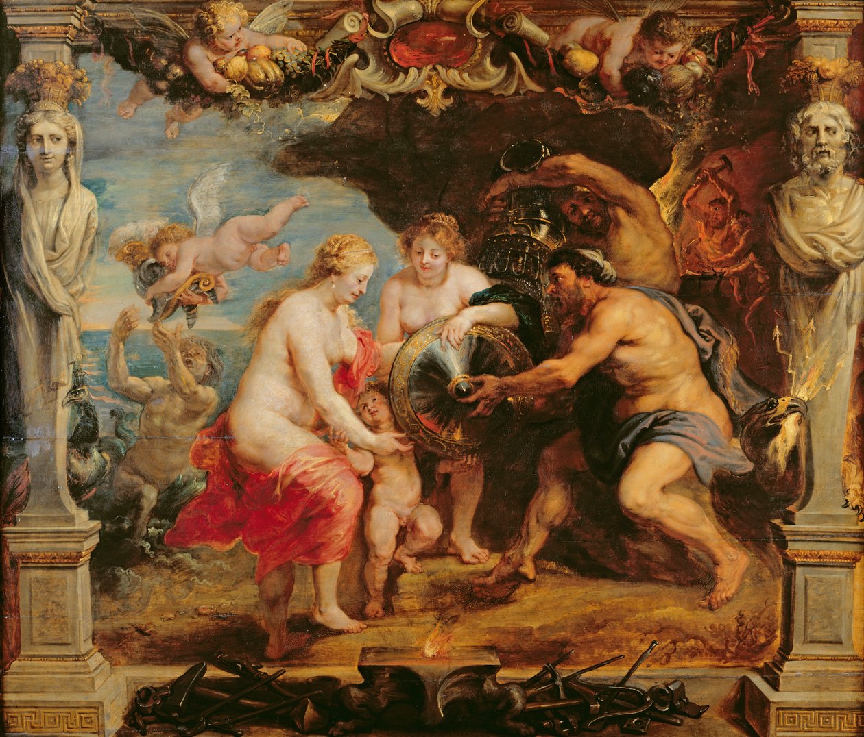 Thetis vastaanottaa Akhilleuksen panssarin Vulcanilta; tekijältä Peter Paul Rubens