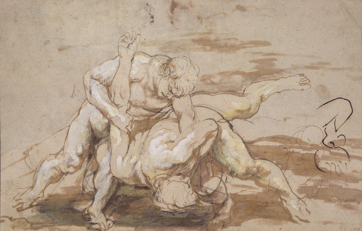 Kahden miehen paini (hiili, kynä ja muste, pesu paperille) tekijältä Peter Paul Rubens