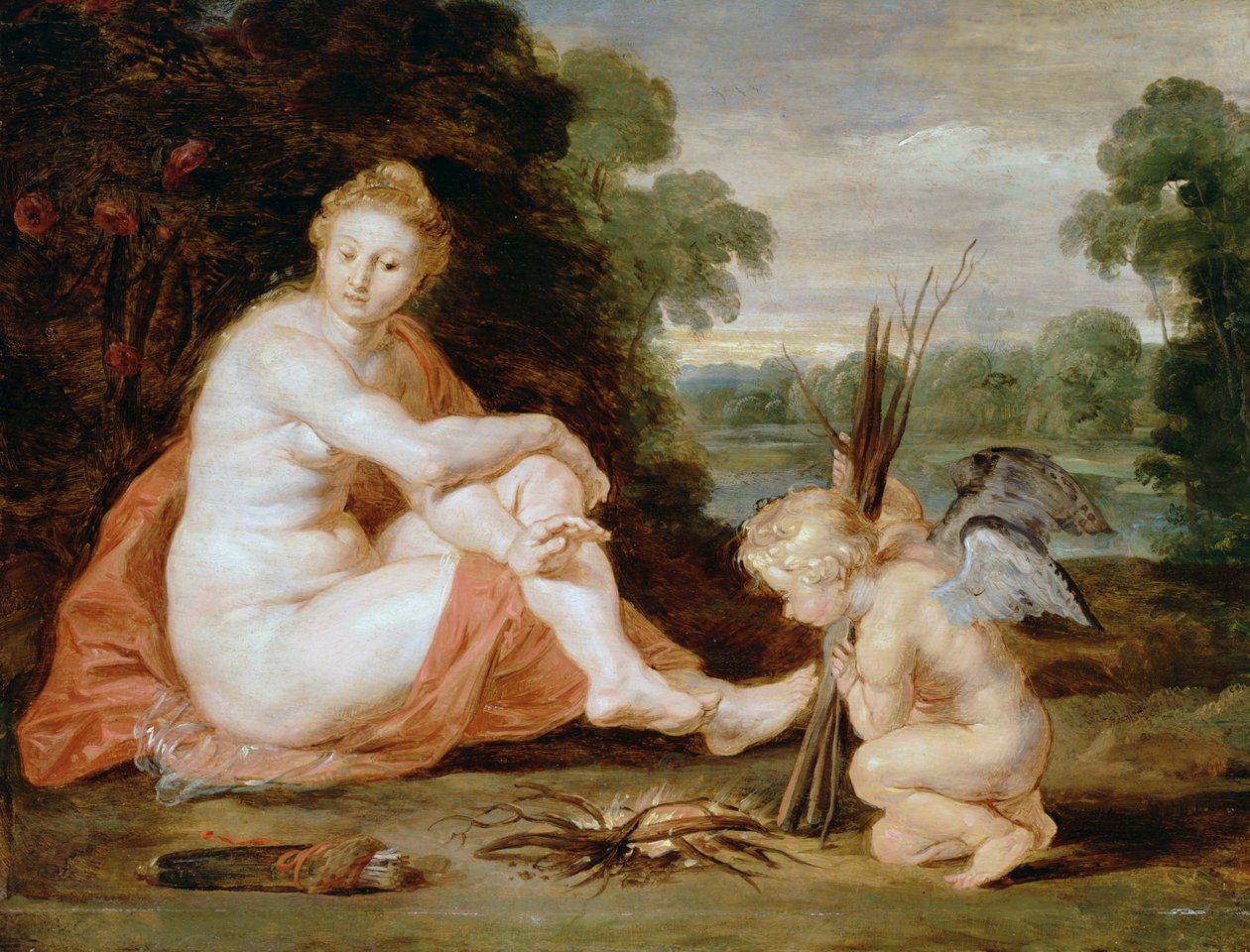 Venus ja Amor lämmittelevät itseään tekijältä Peter Paul Rubens
