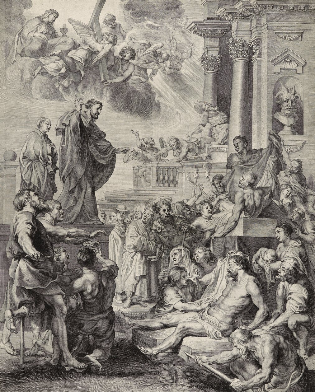 Pyhän Franciscus Xavierin ihme; Pyhä Franciscus Xavier elvyttää kuollutta henkilöä (kaiverrus paperille) tekijältä Peter Paul after Rubens
