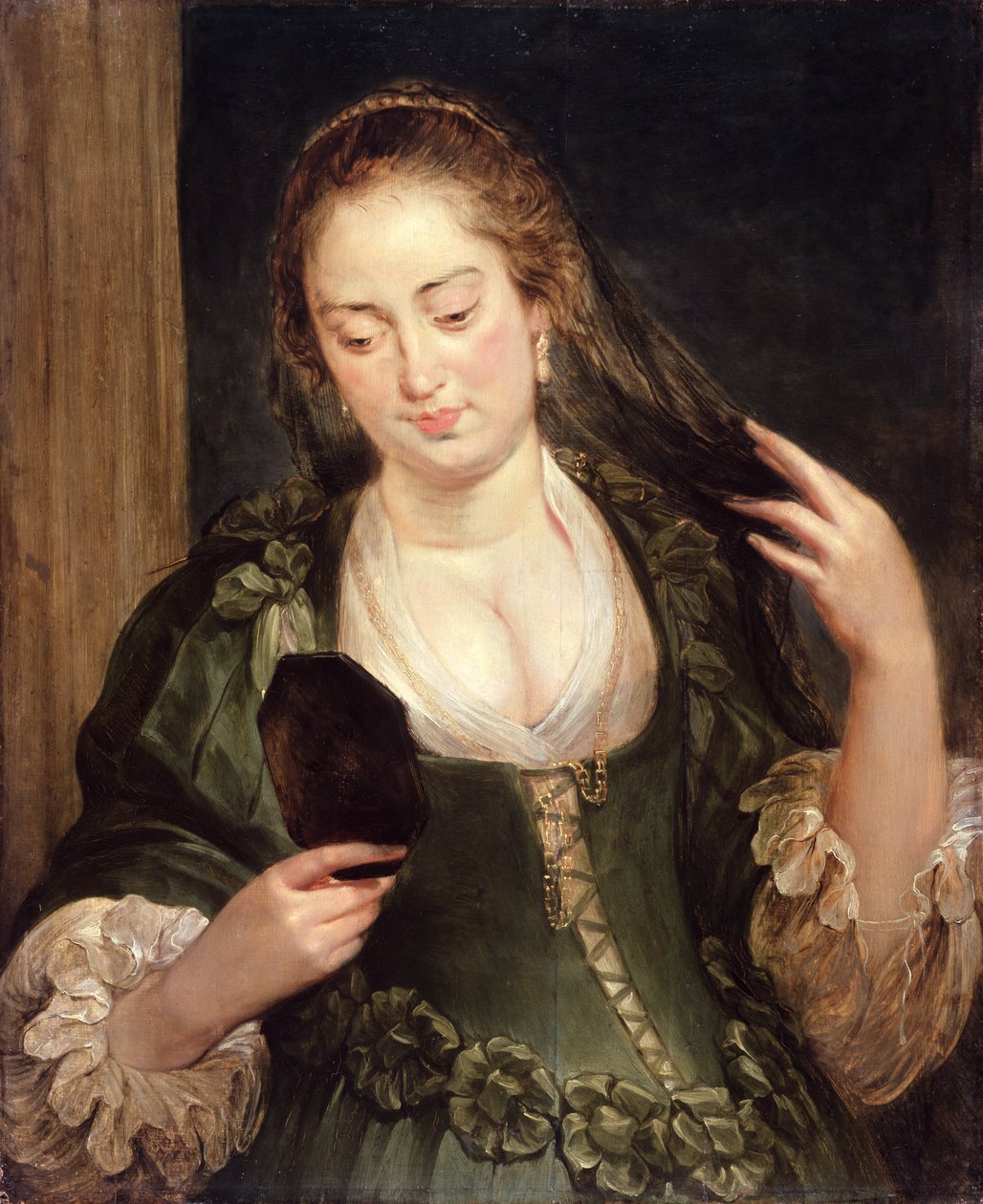 Tyttö peilillä (öljy tammen päällä) tekijältä Follower of Peter Paul Rubens