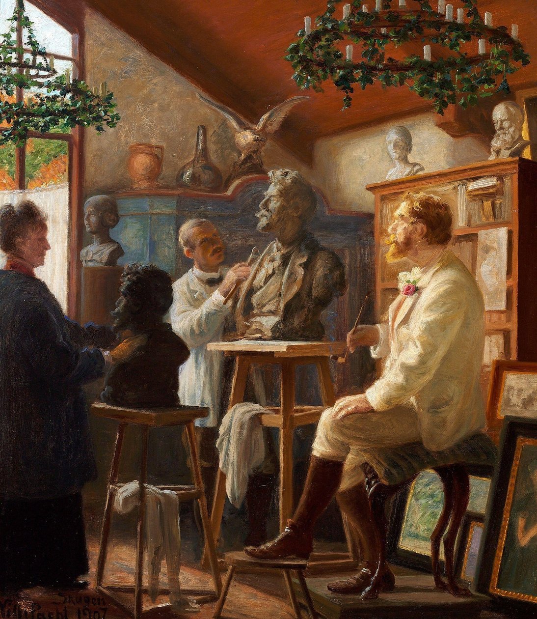 Miehen Krøyer -mallit istuvat Atelier paa Skagenissa tekijältä Peder Severin Krøyer