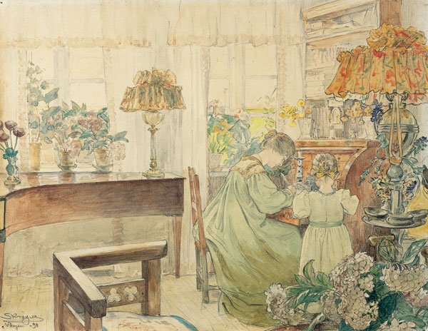 Marie ja Vibeke Kroyer Skagen Plantagen talon työpöydän ääressä tekijältä Peder Severin Krøyer