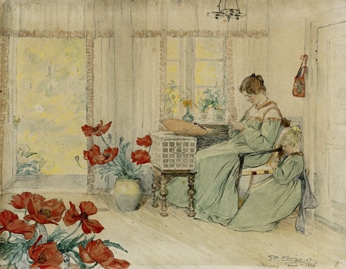 Marie ja Vibeke kirjontaa kotiimme Skagen Plantageen tekijältä Peder Severin Krøyer