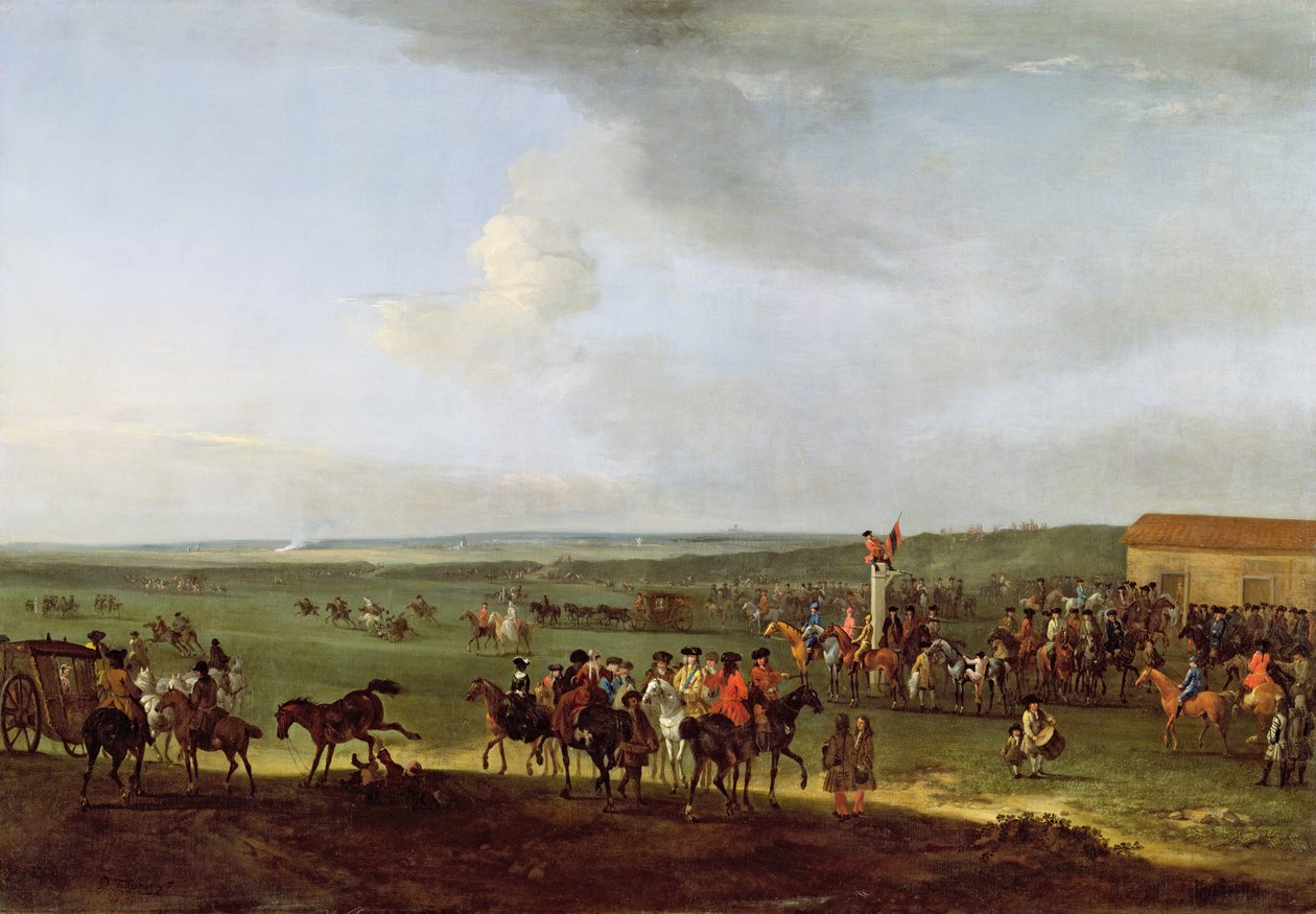 Pyöreä kurssi Newmarketissa, valmistautuminen kuninkaan lautaseen, n. 1725 tekijältä Peter Tillemans