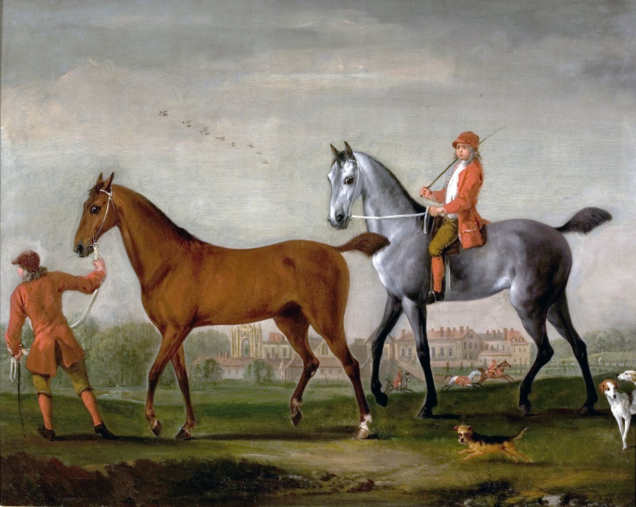 Kaksi kilpahevosta sulhasten ja koirien kanssa Newstead Abbeyn puistossa, Nottinghamshire, 1724 tekijältä Peter Tillemans