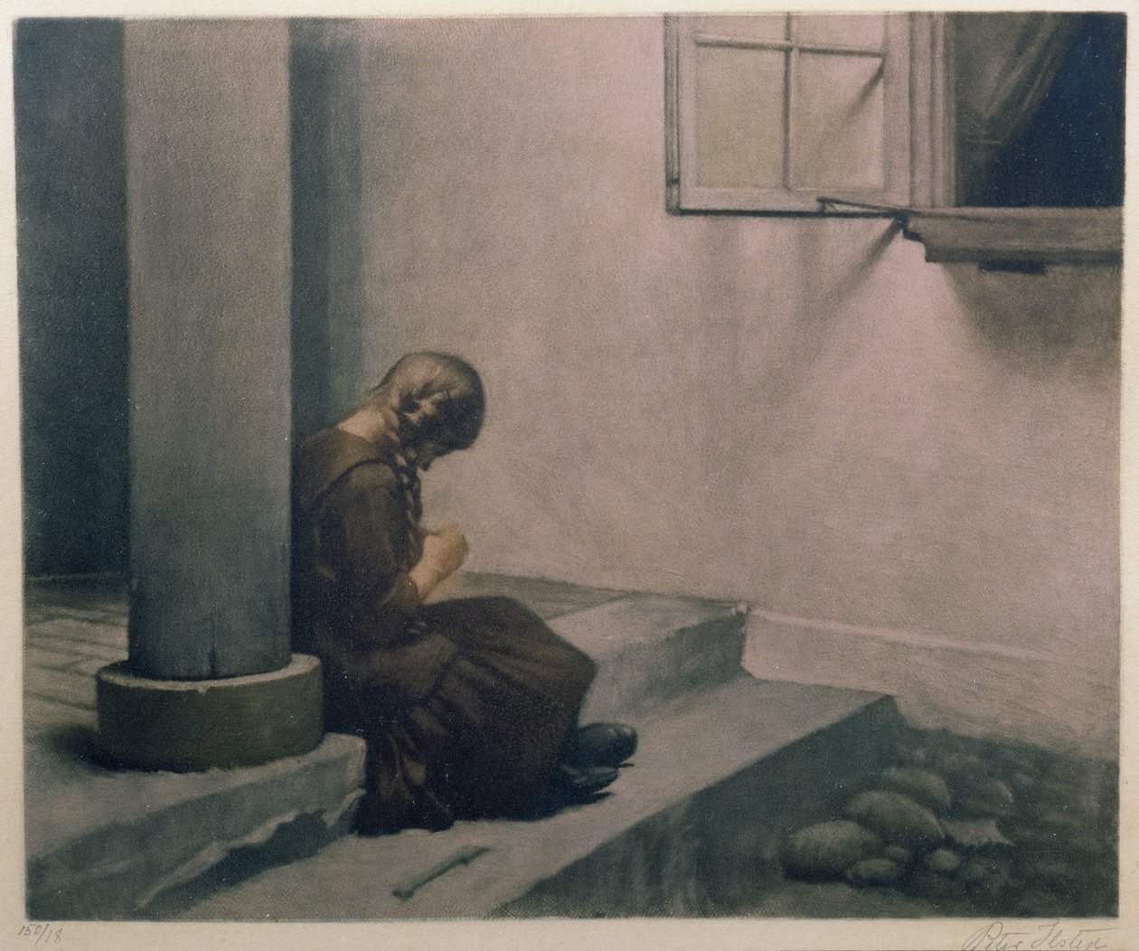 Tyttö istuu portailla (värillinen mezzotint) tekijältä Peter Vilhelm Ilsted