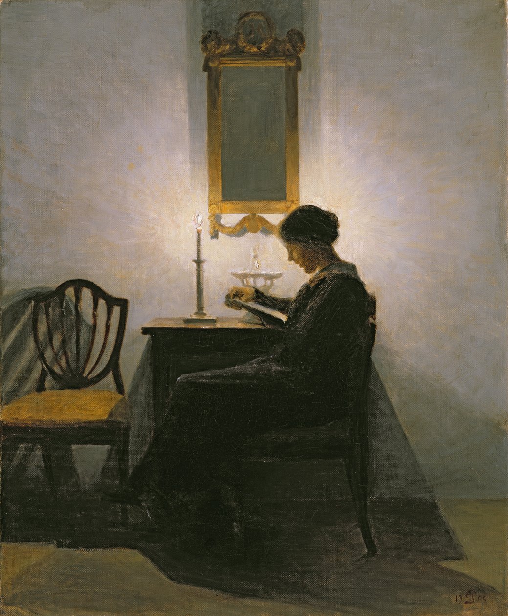 Nainen lukee kynttilänvalossa, 1908 tekijältä Peter Vilhelm Ilsted