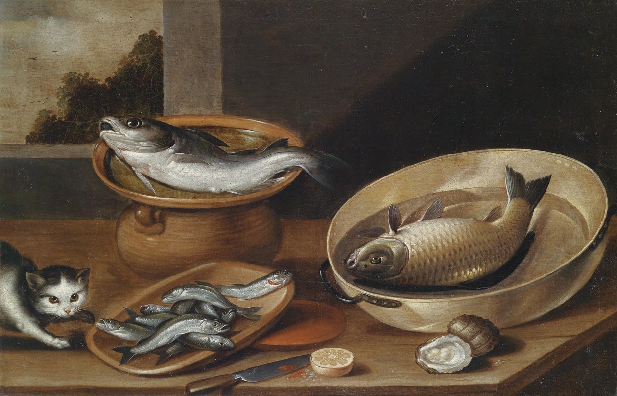 fischstillleben mit Katze tekijältä Peter van Boucle
