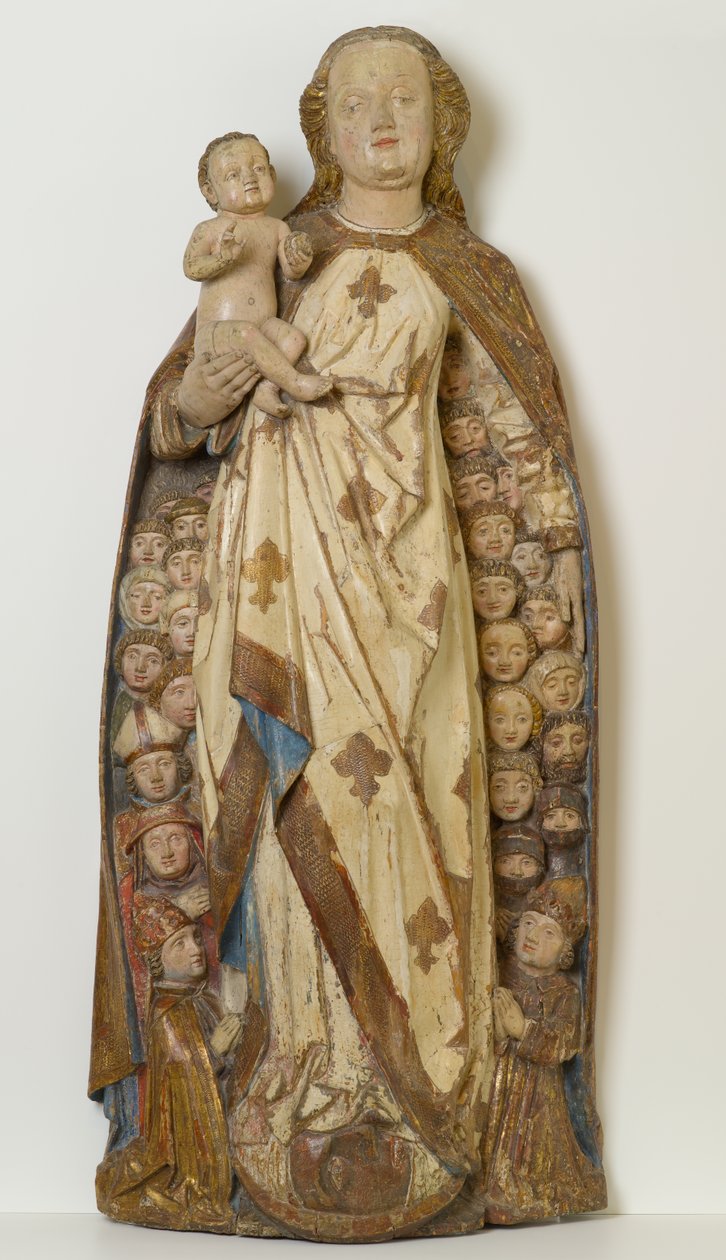 Madonna ja lapsia suojaavat supplicantit hänen viittansa alla, n. 1471 (lemmepuu, monivärinen, kulta- ja hopealehti) tekijältä Peter (attr.to) Koellin