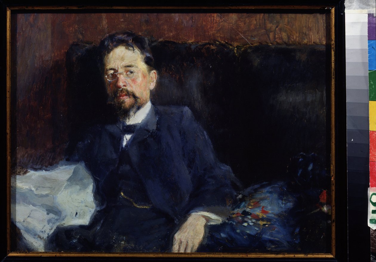 Muotokuva kirjailija Anton Tšehovista (1860-1904) (Kirjoittaja A. Tšehovin muotokuva). Pjotr ​​Aleksandrovitš Nilusin (Pierre Nilous) (Nilouss) maalaus (1869-1940/1943), öljy kankaalle tekijältä Peter Alexandrovich Nilus