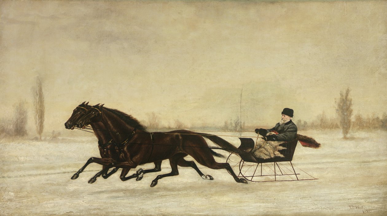 David Marsh hevosvetoisessa reessä talvimaisemassa, 1880 tekijältä Peter B. West