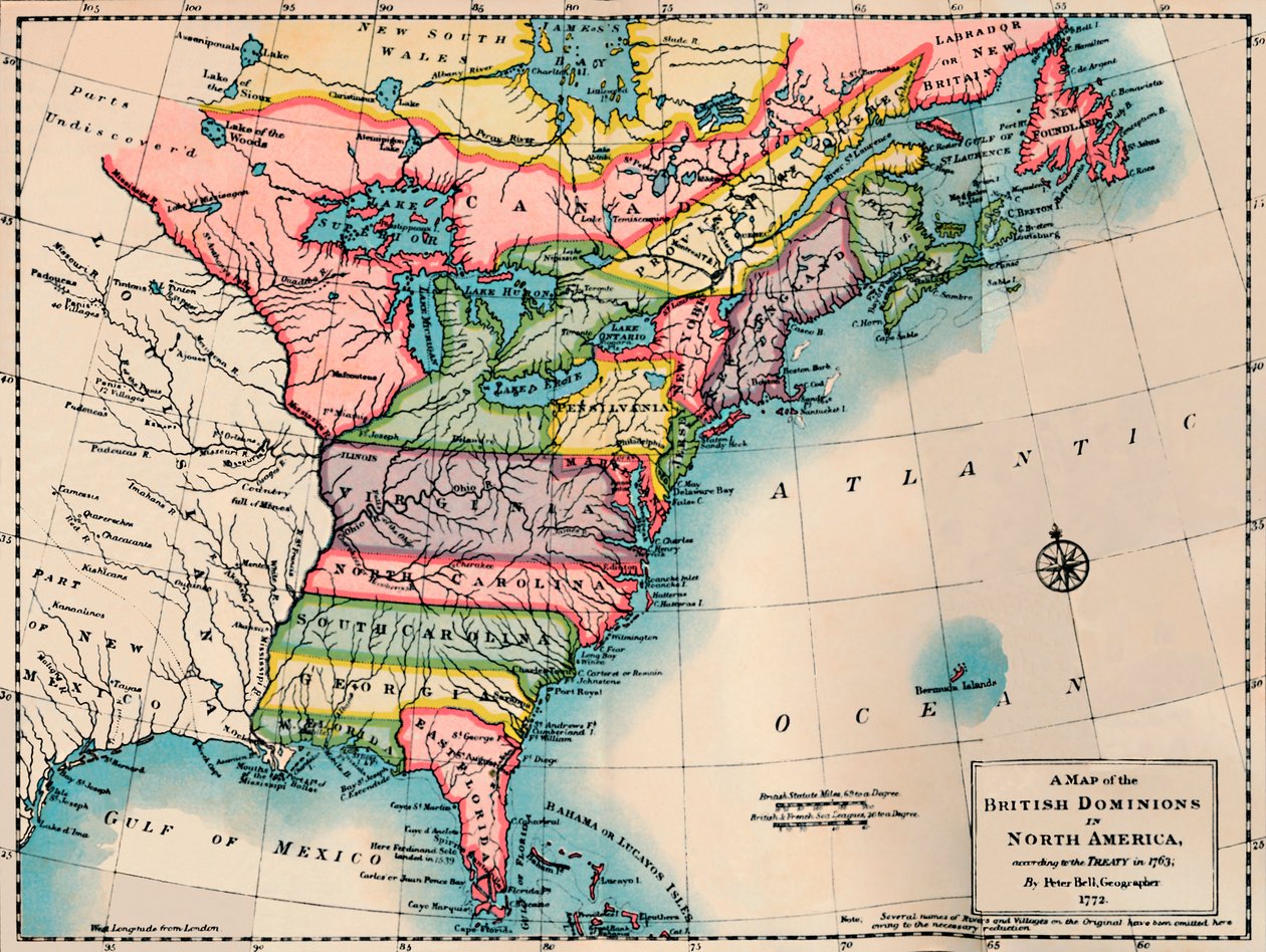 "Kartta Pohjois-Amerikan brittiläisistä dominioista", 1772, 1904 tekijältä Peter Bell