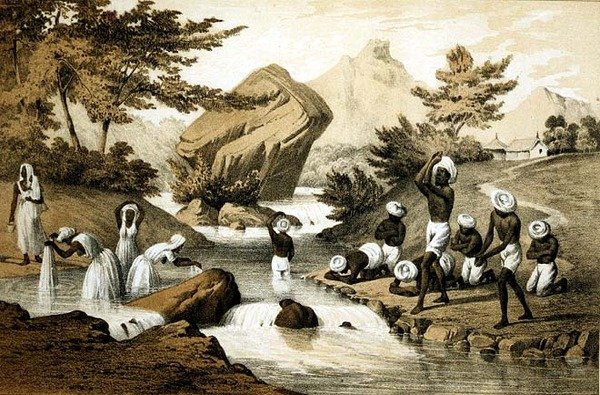 Hindoo Costumes, Mauritius, kaiverrus James Queen (1824-n. 1877) pub. kirjoittanut Peter S. Duval (litho) tekijältä Peter Bernhard Wilhelm (after) Heine