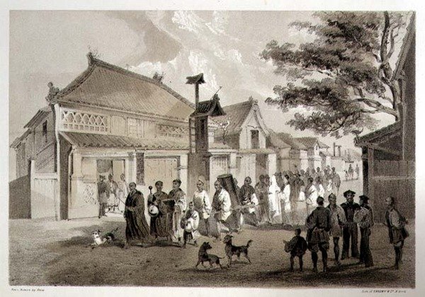 Japanilaiset hautajaiset Simodassa, julkaisusta "Kerto amerikkalaisen laivueen tutkimusmatkasta Kiinanmerelle ja Japaniin", pub. Kirjailija: Sarony & Co. tekijältä Peter Bernhard Wilhelm (after) Heine