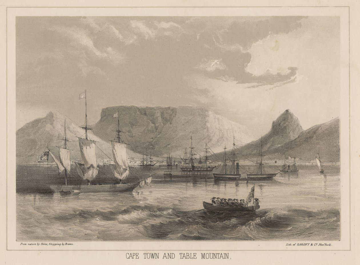 Kapkaupunki ja Pöytävuori, litho, Sarony und Co., 1855 (chromolitho) tekijältä Peter Bernhard Wilhelm Heine