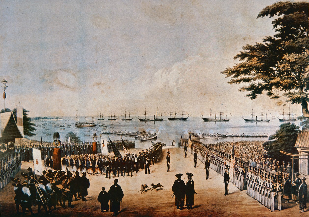 Kommodori Perry laskeutuu Japaniin tapaamaan keisarillisia komissaareita Yokohamassa 8. maaliskuuta 1854 tekijältä Peter Bernhard Wilhelm Heine