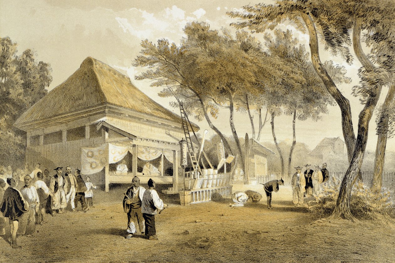 Fire Companyn talo ja moottori, Yokuhama, julkaisusta "Kertomus amerikkalaisen laivueen tutkimusmatkasta Kiinanmerelle ja Japaniin", pub. Sarony und Co., 1856 (sävytetty litho) tekijältä Peter Bernhard Wilhelm Heine