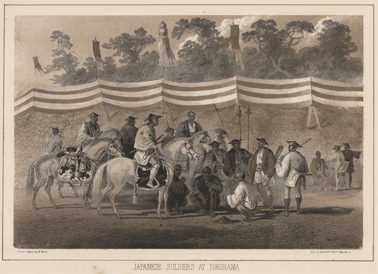 Japanilaiset sotilaat Yokuhamassa, Sarony und Co.:n litho, 1855 (chromolitho) tekijältä Peter Bernhard Wilhelm Heine