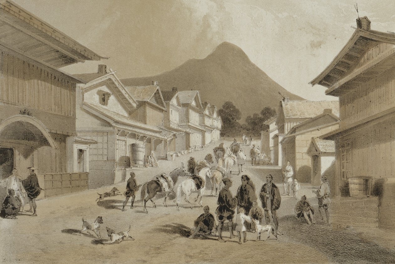 Katu Hakodadissa, julkaisusta "Kertomus amerikkalaisen laivueen tutkimusmatkasta Kiinanmerelle ja Japaniin", pub. Sarony und Co., 1856 (sävytetty litho) tekijältä Peter Bernhard Wilhelm Heine