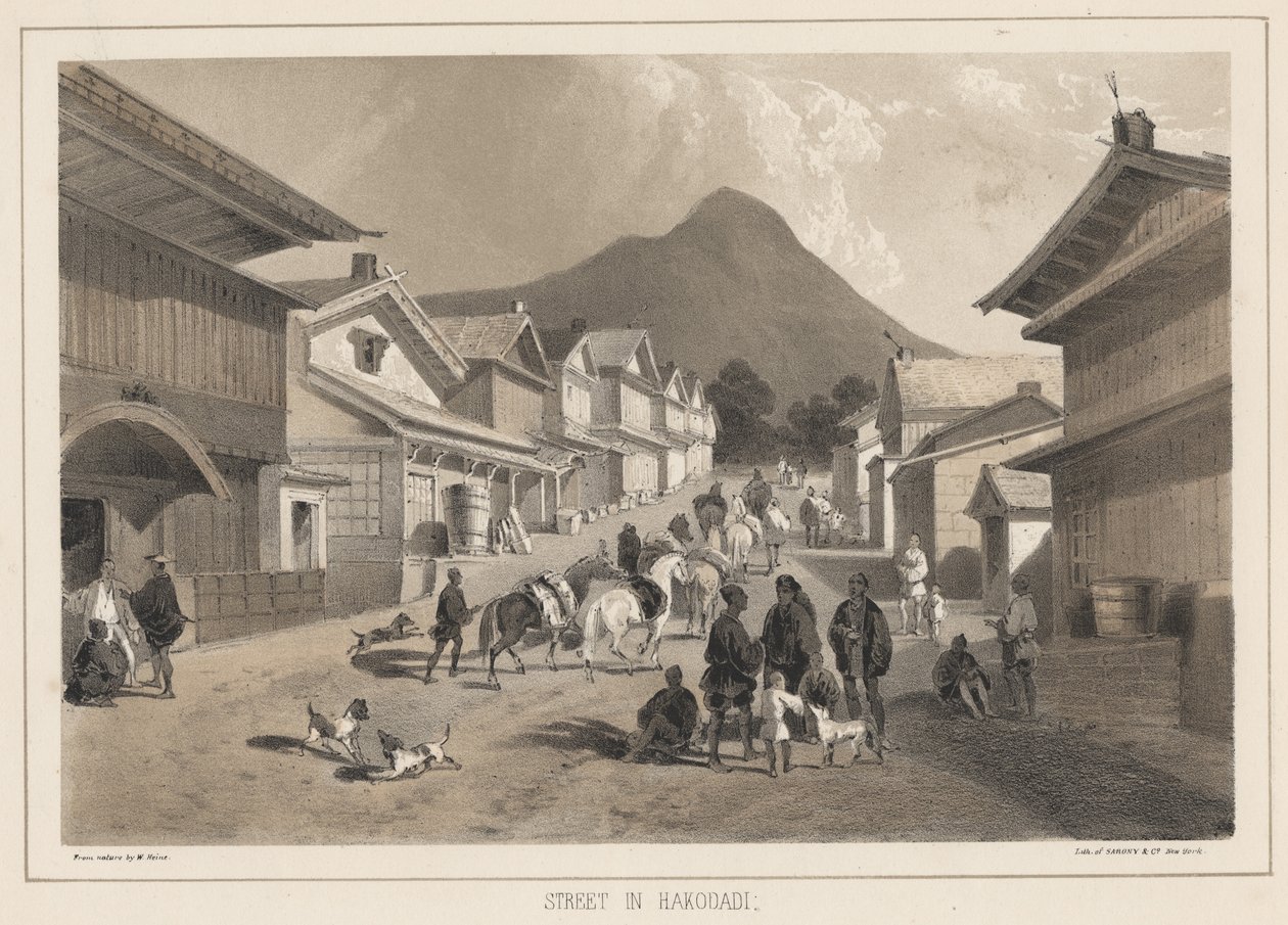 Katu Hakodadissa, litho Sarony und Co., 1855 (chromolitho) tekijältä Peter Bernhard Wilhelm Heine