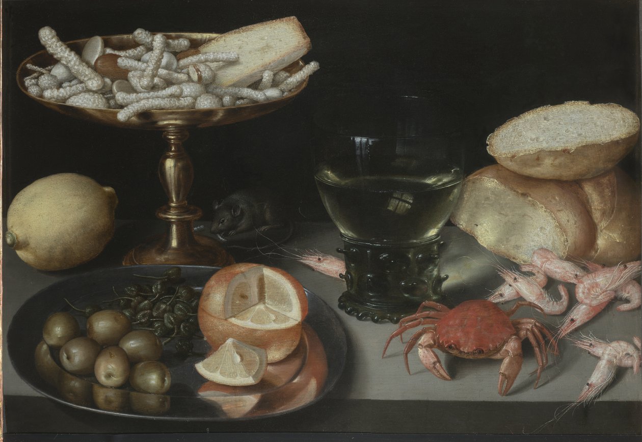 Asetelma hedelmillä, makeisilla, äyriäisillä, lasilla ja hiirellä, n. 1620 tekijältä Peter Binoit