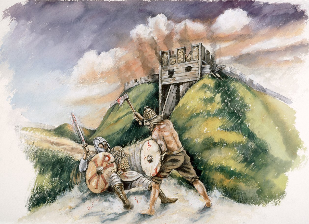 Cynric taistelee brittejä vastaan Old Sarumissa, 552 jKr, c1990-2010 tekijältä Peter Dunn
