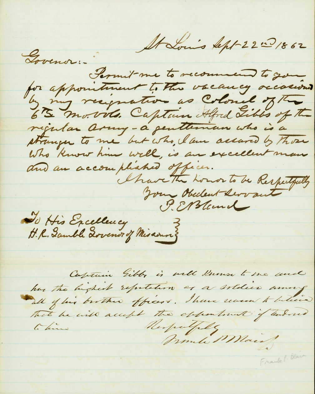 Kirje allekirjoitettu P.E. Bland, St.Louis, H.R. Gamblelle, Missourin kuvernööri, 22. syyskuuta 1862 tekijältä Peter E. Bland